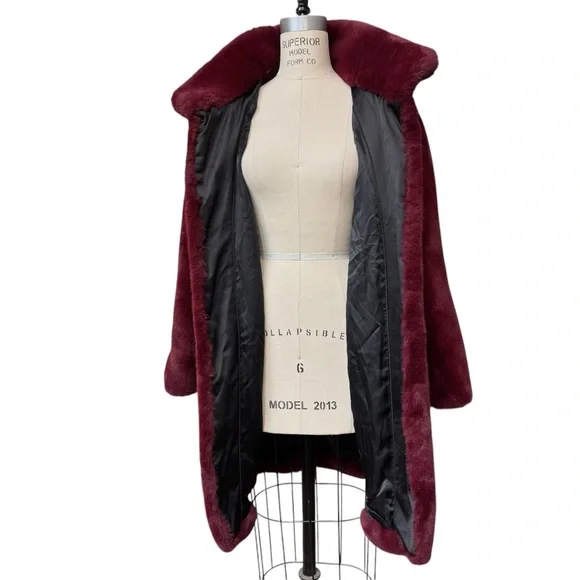MNG Mango Faux Fur Coat Size S Burgundy - Picture 7 of 12